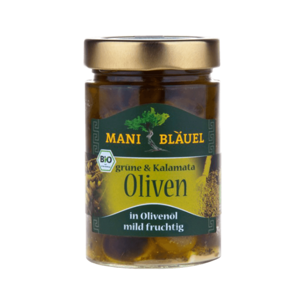Mani Bio Grüne &amp; Kalamata Oliven, in Olivenöl mit Kräutern
