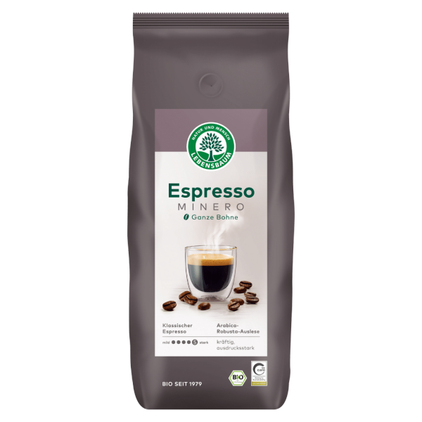 Lebensbaum Bio Minero Espresso, ganze Bohne, 1kg MHD 21.04.2024