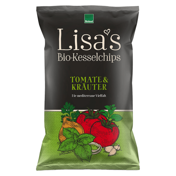 Lisa&#039;s Bio Kesselchips Tomate und Kräuter MHD 03.09.2023