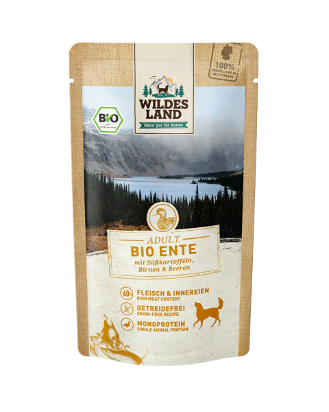 Wildes Land Bio Hunde Nassfutter Ente und Süßkartoffel, 125 g Beutel