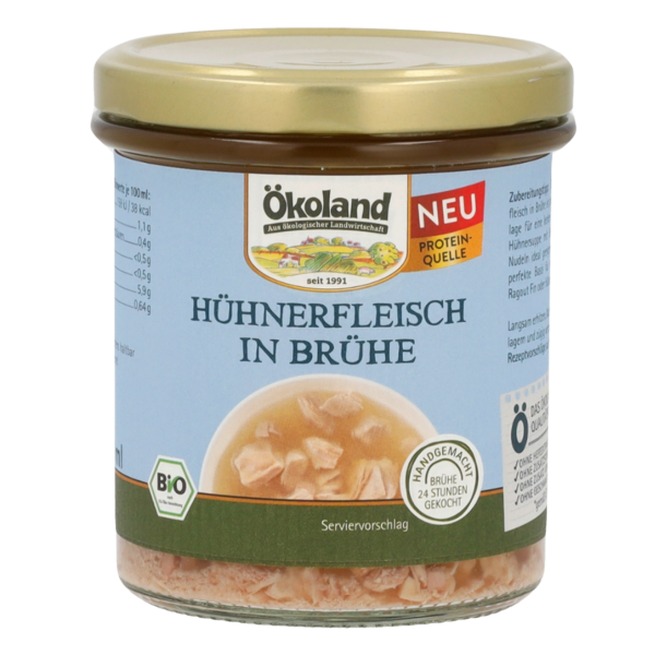 Ökoland Bio Hühnerfleisch in Brühe, 20% Hühnerfleisch
