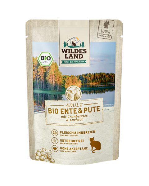 Wildes Land Bio Katzen Nassfutter Ente &amp; Pute, 85 g Beutel