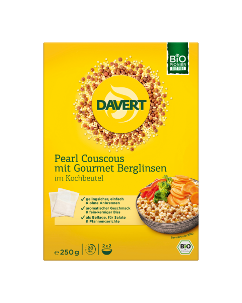 Davert Bio Pearl Couscous mit Gourmet Berglinsen im Kochbeutel, 250g