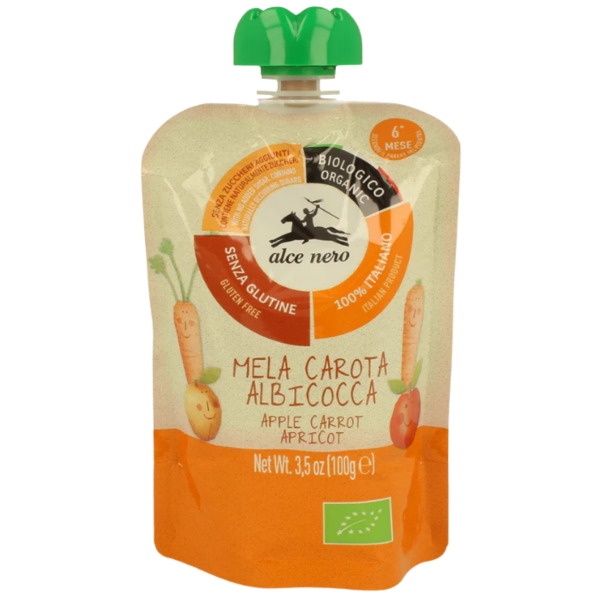 Alce Nero Bio Apfel-Rüebli-Aprikosen-Püree im Quetschbeutel, 100g