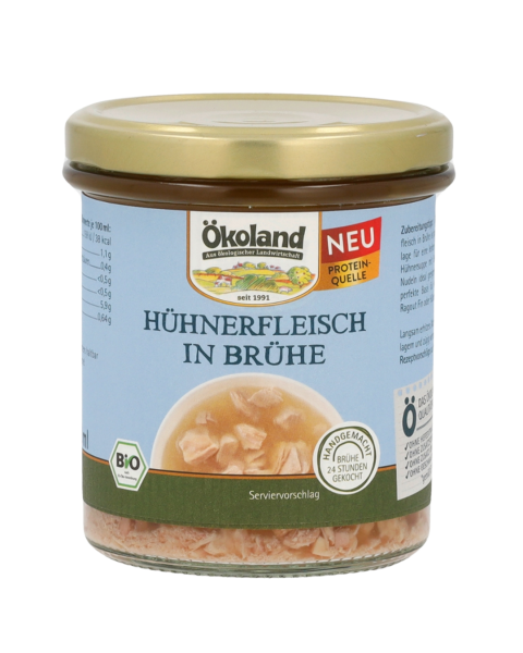 Ökoland Bio Hühnerfleisch in Brühe, 20% Hühnerfleisch