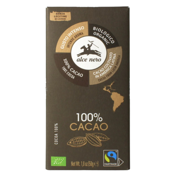 Alce Nero Bio Schokolade 100 % Kakao, Fairtrade, ohne Zuckerzusatz, 50g