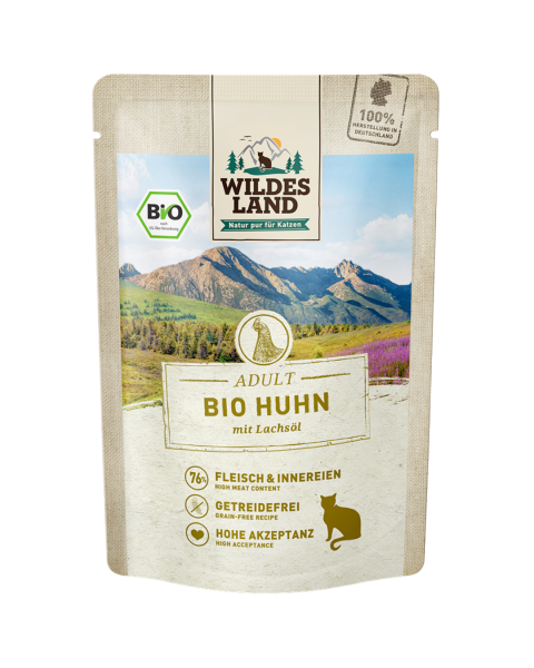Wildes Land Bio Katzen Nassfutter Huhn, 85 g Beutel