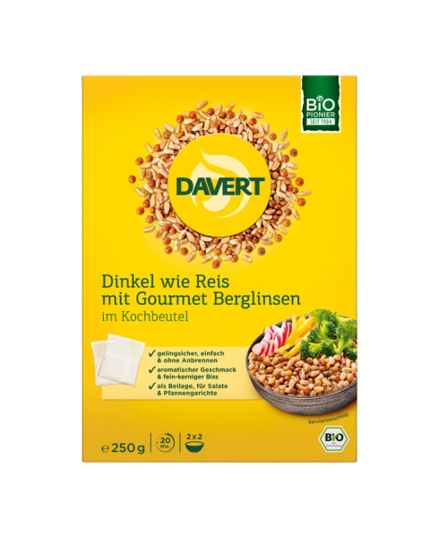 Davert Bio Dinkel wie Reis mit Gourmet Berglinsen im Kochbeutel, 250g