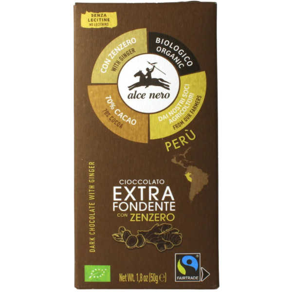Alce Nero Bio Zartbitterschokolade 70% mit Ingwer, 50g