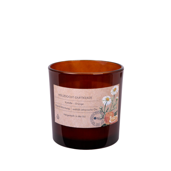 Müller Kerzen Holzdocht-Duftkerze - Kamille &amp; Orange