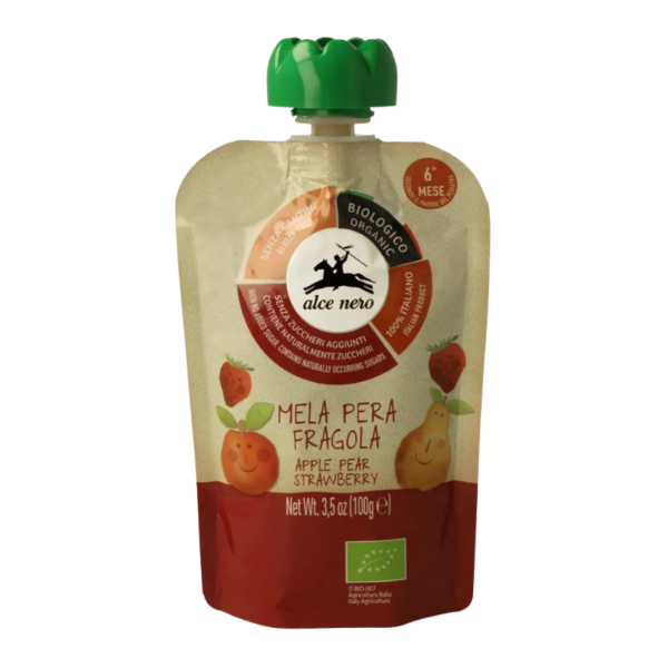 Alce Nero Bio Apfel-Birnen-Erdbeer-Püree im Quetschbeutel, 100g