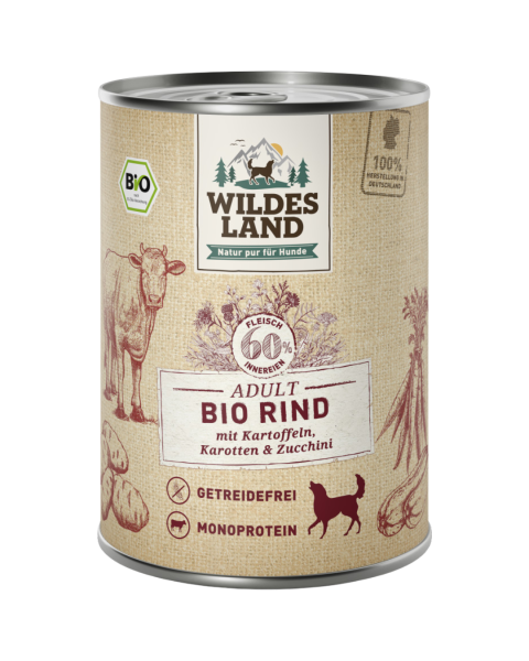 Wildes Land Bio Hunde Nassfutter Rind mit Kartoffeln, Karotten &amp; Amaranth, 400 g Dose