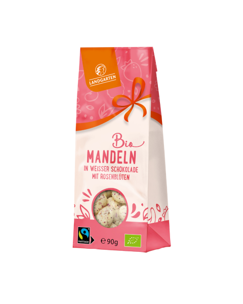 Landgarten Bio Mandeln in weißer Schokolade mit Rosenblüten