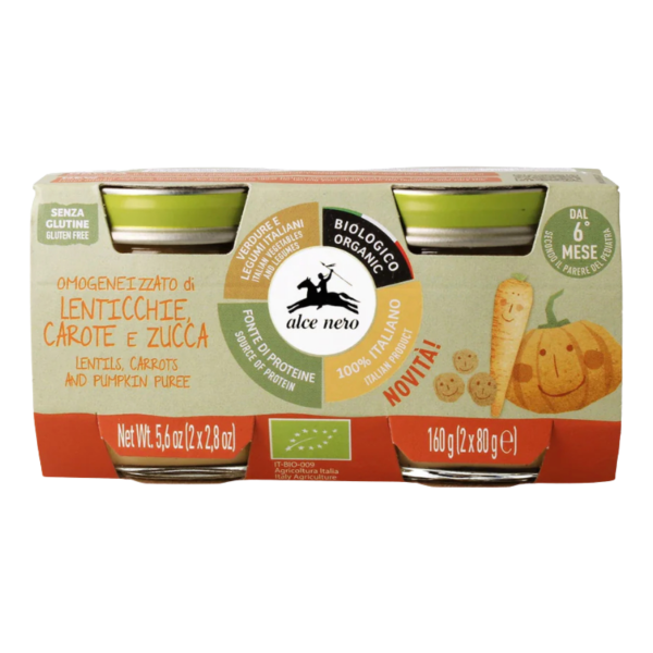Alce Nero Bio Babygläschen Linsen, Karotten und Kürbis ab dem 6. Monat, 2 x 80g