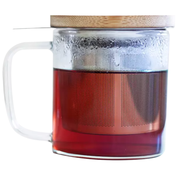 AROMANDISE Glass mug with stainless steel filter and bamboo lid