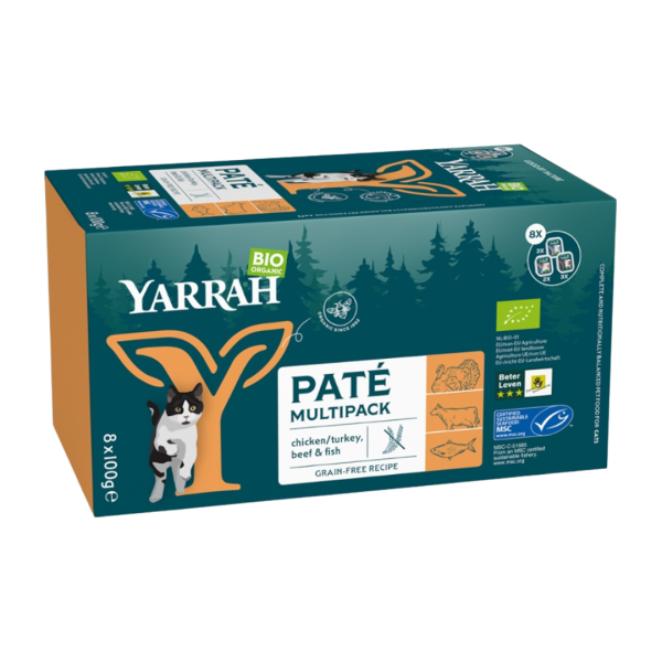 Yarrah Katze Schalen Multipack Pastete gemischt (Rind/ Huhn &amp; Truthahn / Lachs (MSC))