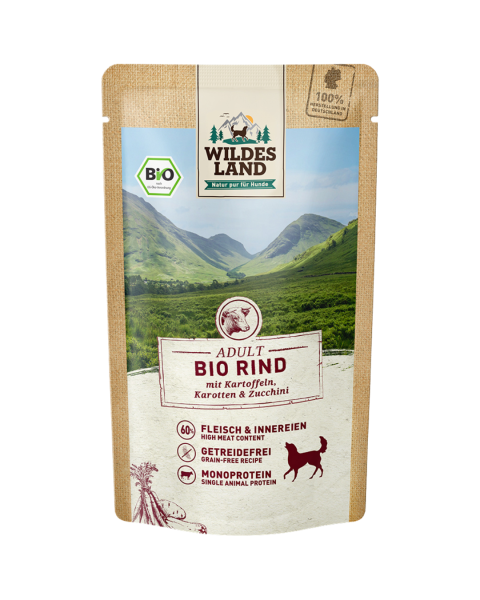 Wildes Land Bio Hunde Nassfutter Rind mit Kartoffel, 125 g Beutel