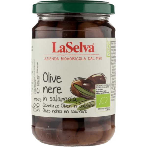 LaSelva Bio Schwarze Oliven, mit Stein, in Salzlake